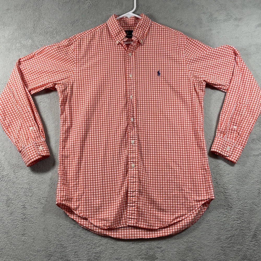 Ralph Lauren Shirt Classic Fit Men Medium Orange Checkered Button Down LS Logo